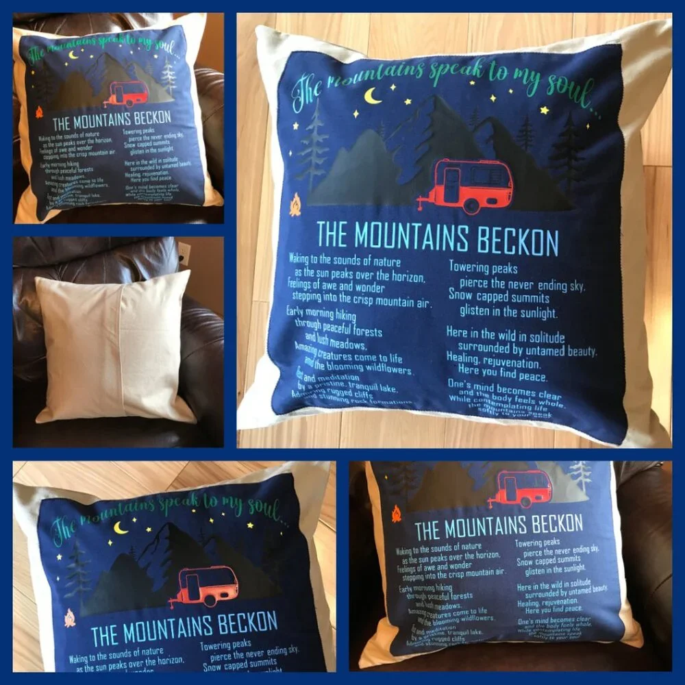 Mountain Camping Pillow Cover, Handmade Vintage Camper Cabin Decor 18 x 18 in.